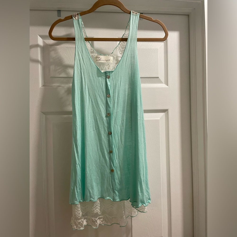 Vintage Havana blue button front tank, black lace, size small, new with tags